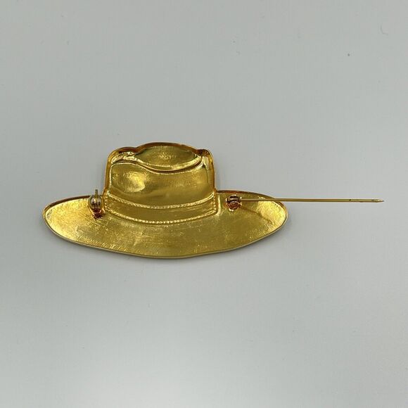 Cowboy Hat Engraved Vintage Gold Tone Brooch Pin Rodeo Yellowstone Western - Picture 5 of 5